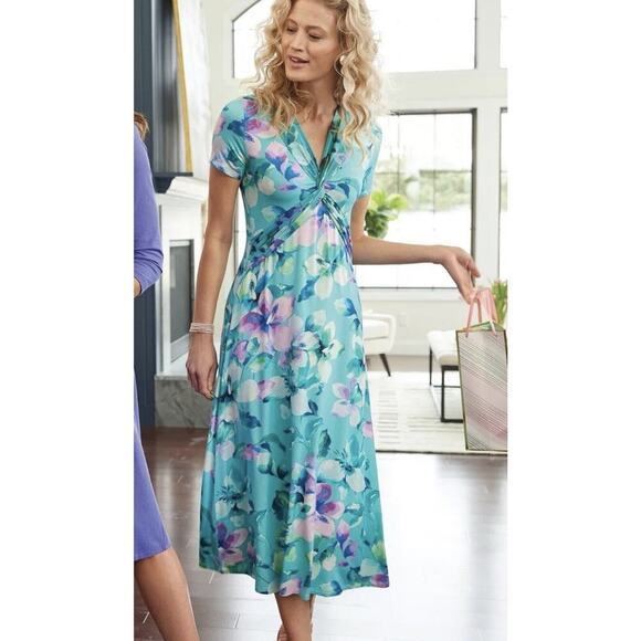 Soft Surroundings 2X Savoir Midi Dress Soft Stretch Floral Lilac Amaryllis Teal - Picture 1 of 8